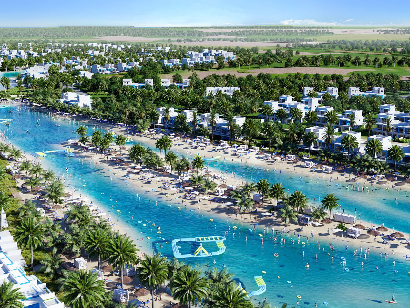 Aerial render of DAMAC Lagoons villas along turquoise lagoons and beaches