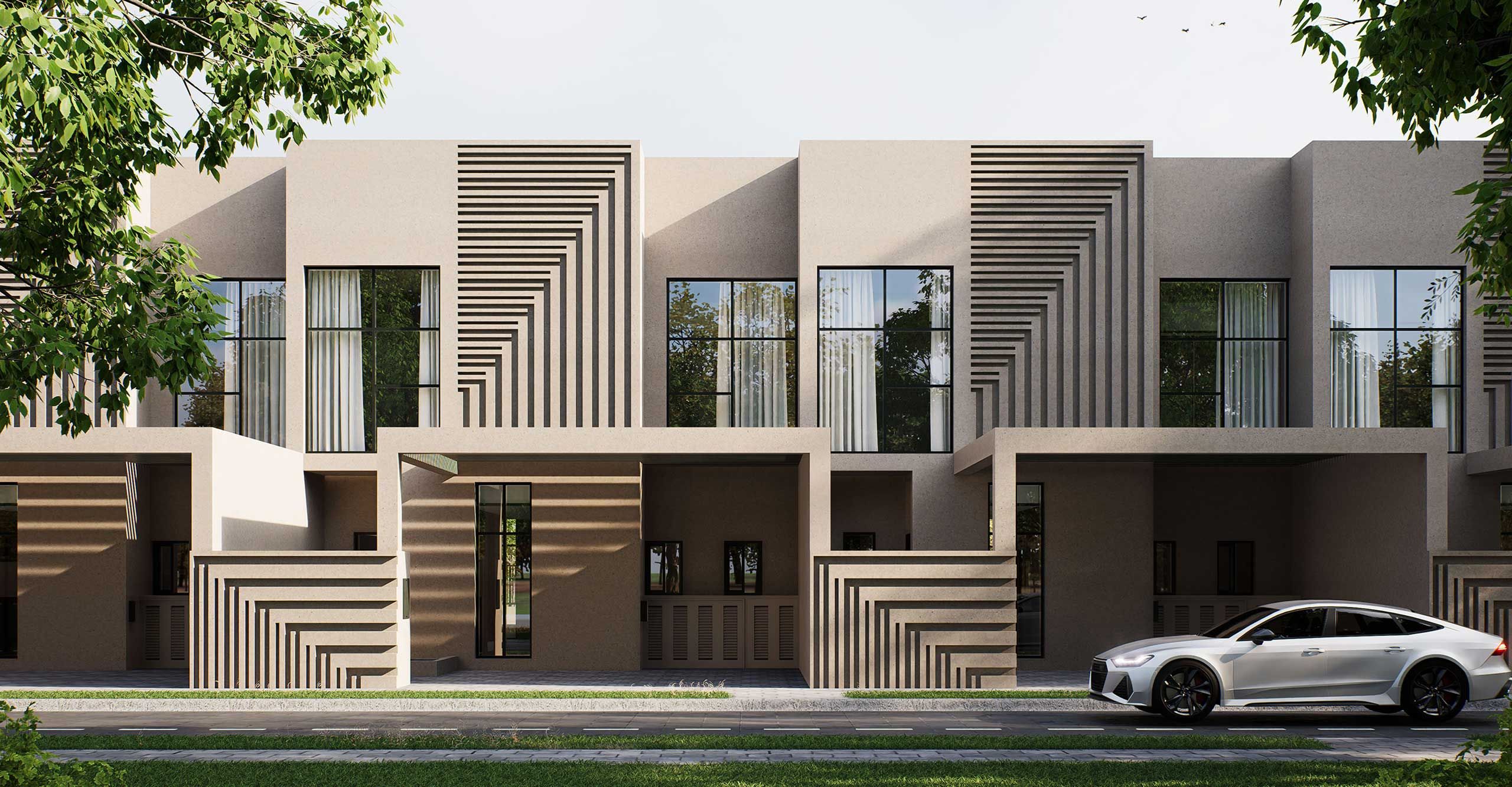 Row of modern townhouses with patterned screens