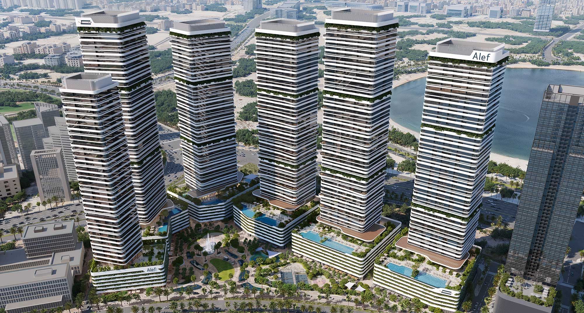 The five Linar residential towers rising above the Al Mamzar waterfront