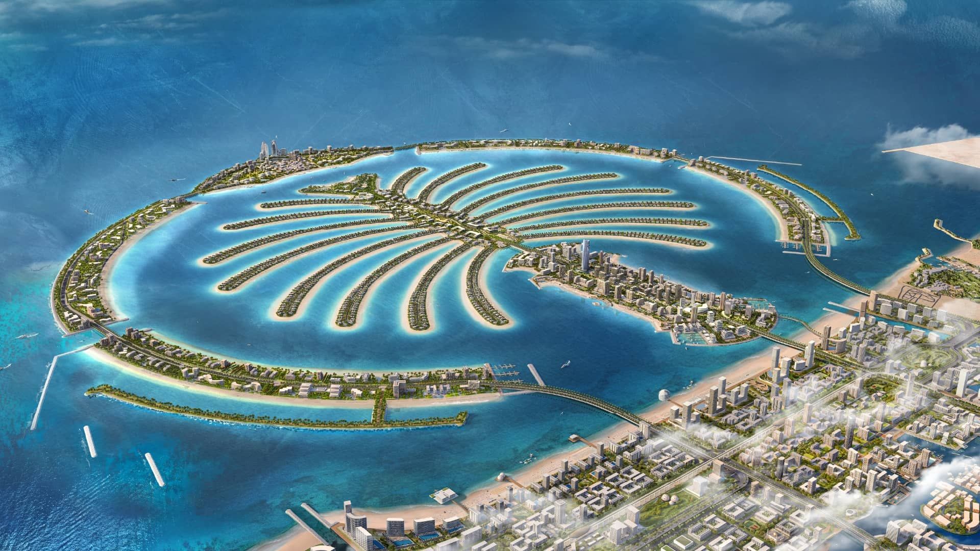 Aerial view of the palm-shaped island and its fronds