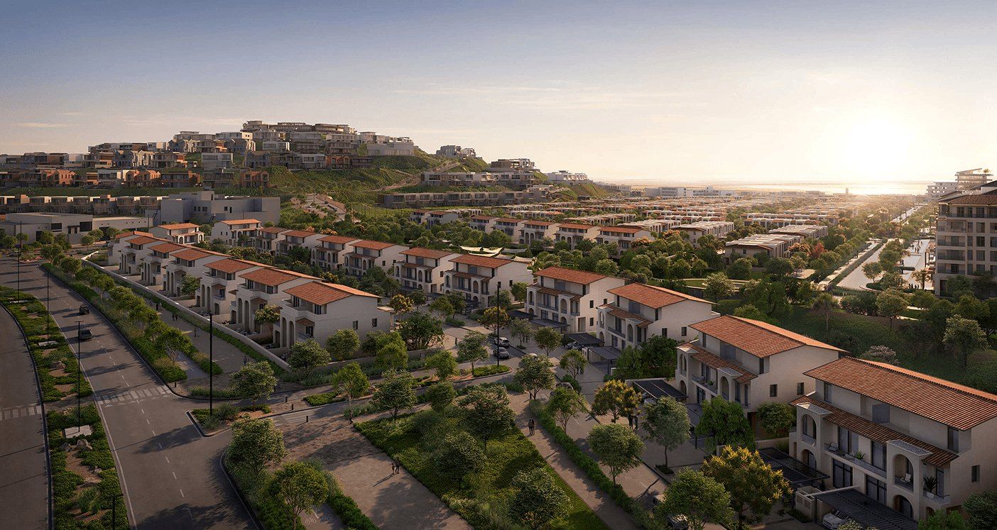 Hillside townhomes at sunset