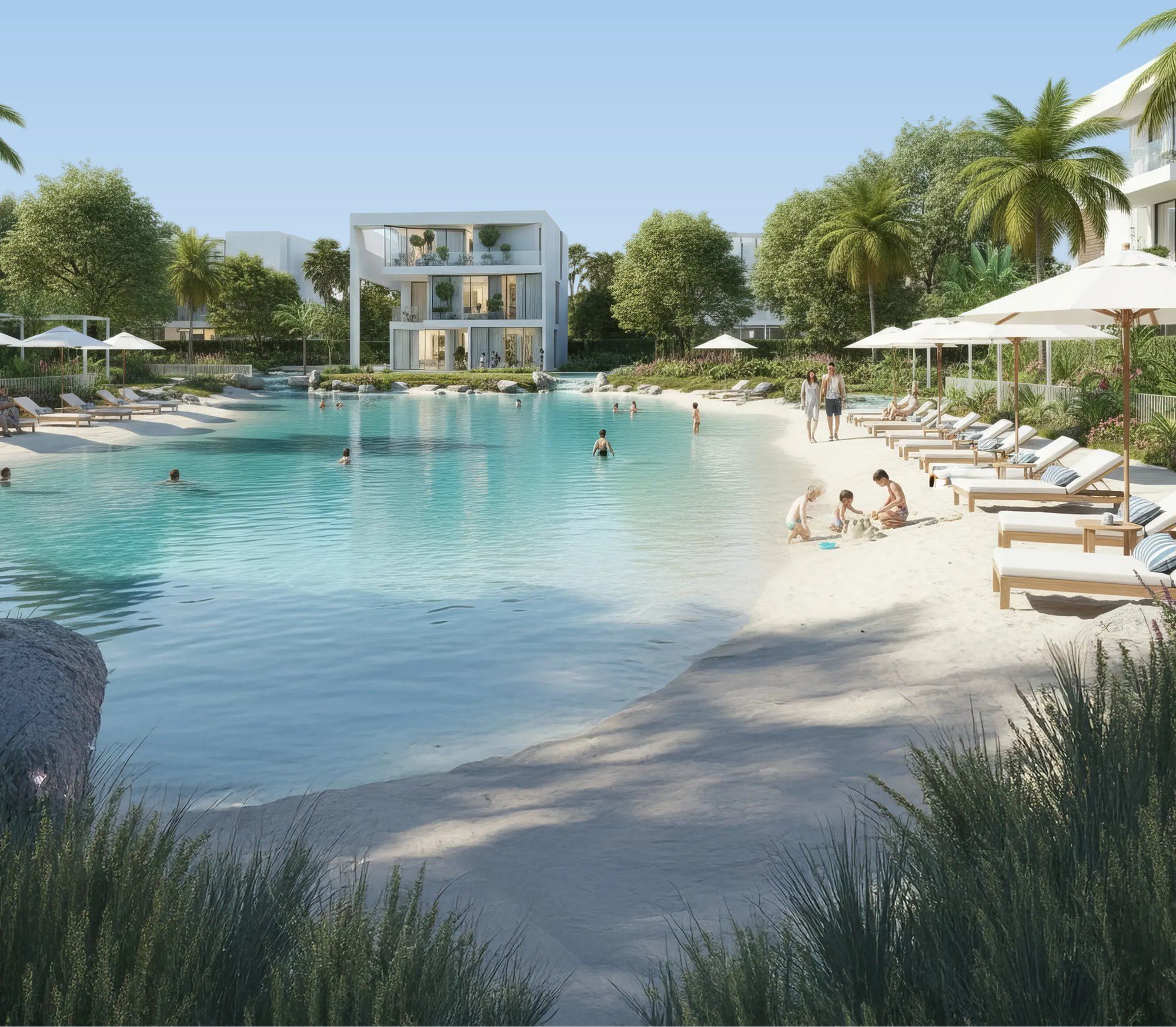 Lagoon beach with sun loungers