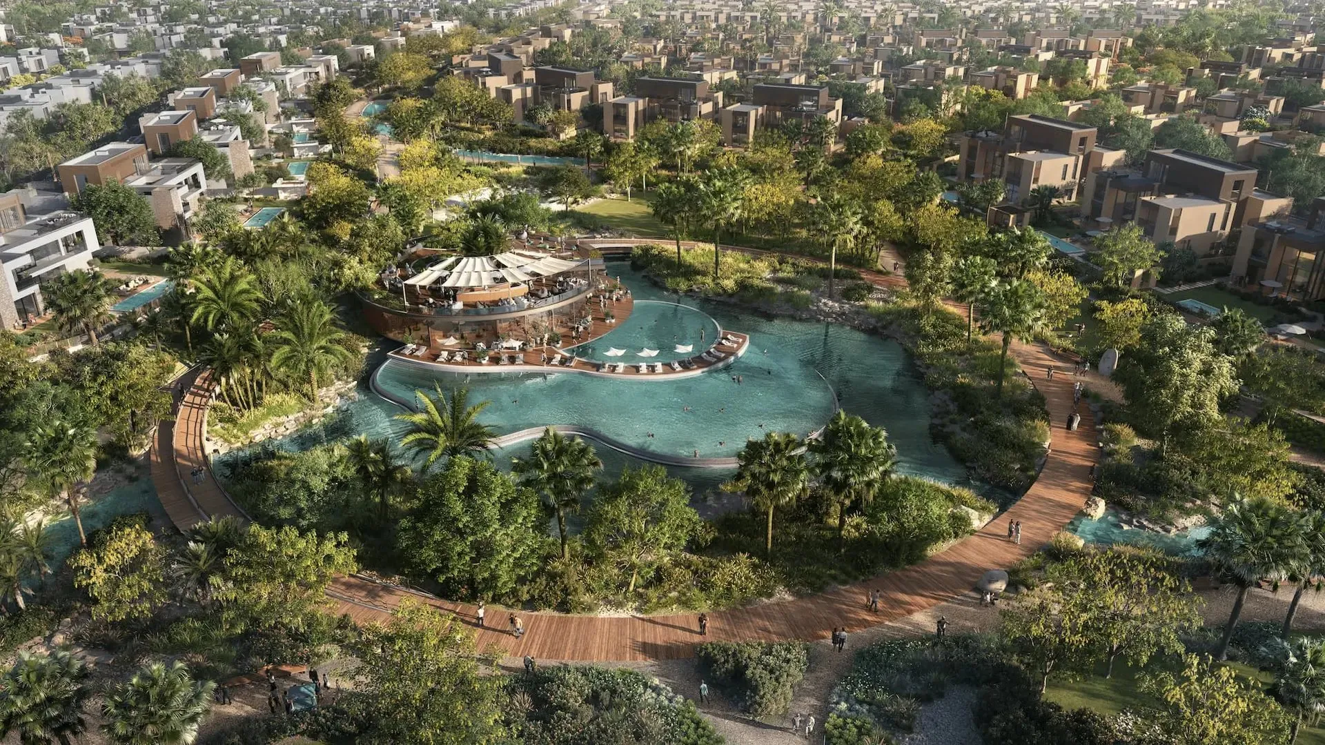 The central lagoon and gardens seen from above