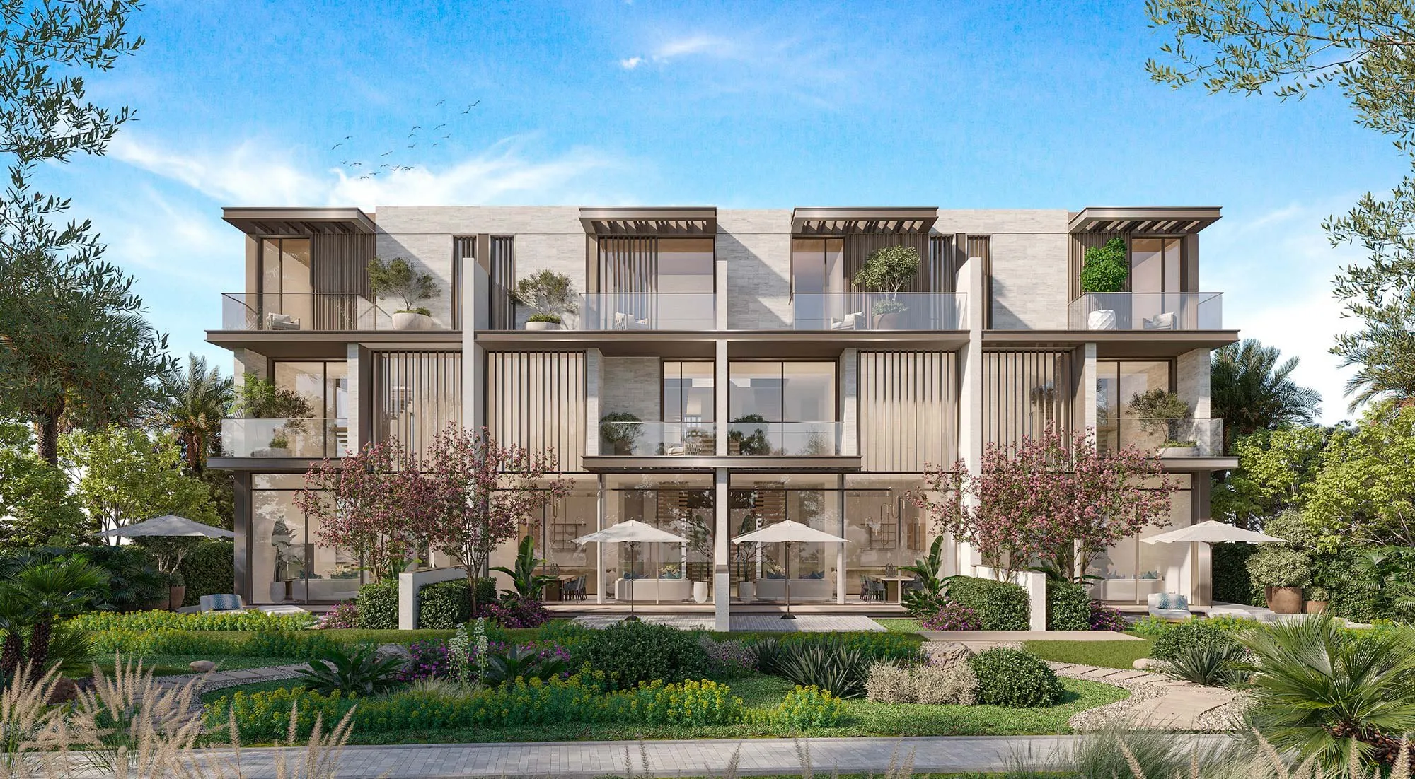 Row of townhouses in gardens